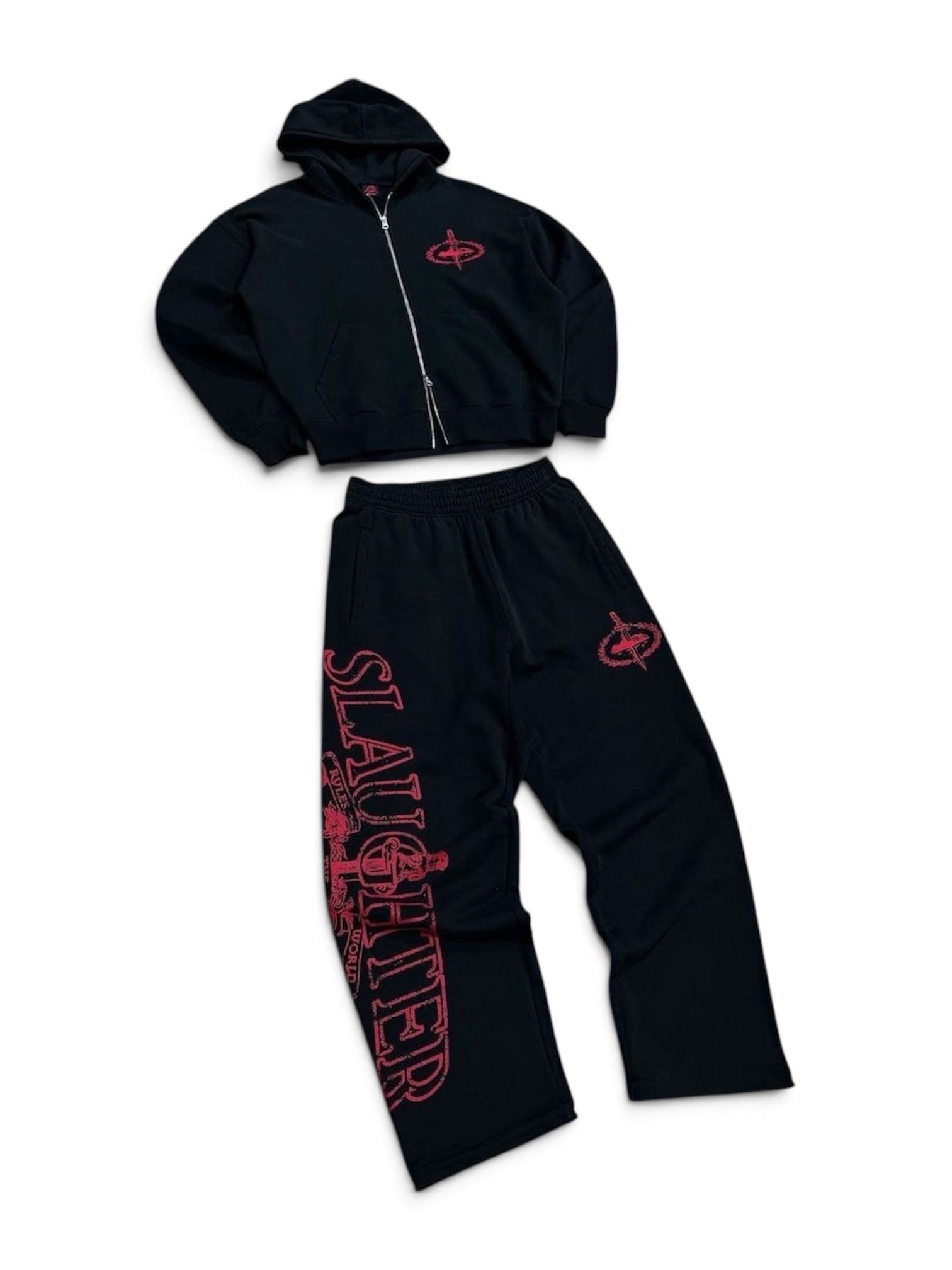 Black and red Corteiz graphic tracksuit